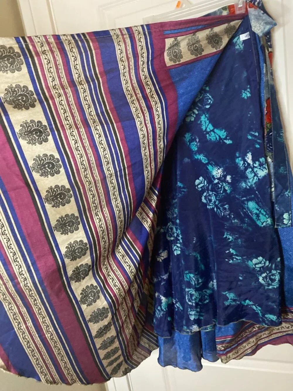 Reversible Sari Silk Magic Wrap Skirt Blue Boho Festival Hippie Maxi India OS